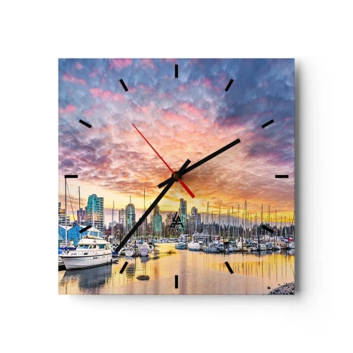 Orologio da parete - Orologio in Vetro - Marina con yacht e paesaggio urbano al tramonto - 30x30cm - La città dei mille marinai - Decorazione murale moderna per soggiorno e camera da letto ARTTOR