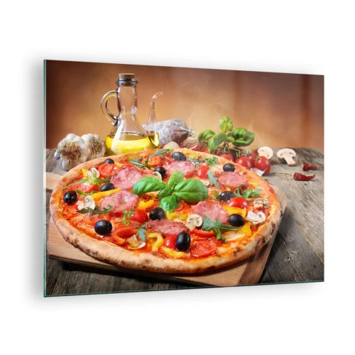 Quadro su vetro - Pizza con condimenti su un tavolo di legno con olio d'oliva e spezie - 70x50cm - Con gusto veramente italiano - Decorazione murale moderna per soggiorno e camera da letto ARTTOR