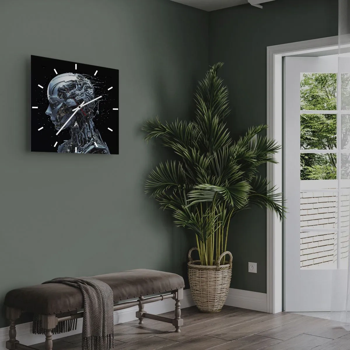 Orologio da parete - Orologio in Vetro - Ritratto futuristico di un cyborg in stile industriale su sfondo nero. - 30x30cm - La tecnologia è donna - Decorazione murale moderna per soggiorno e camera da letto ARTTOR