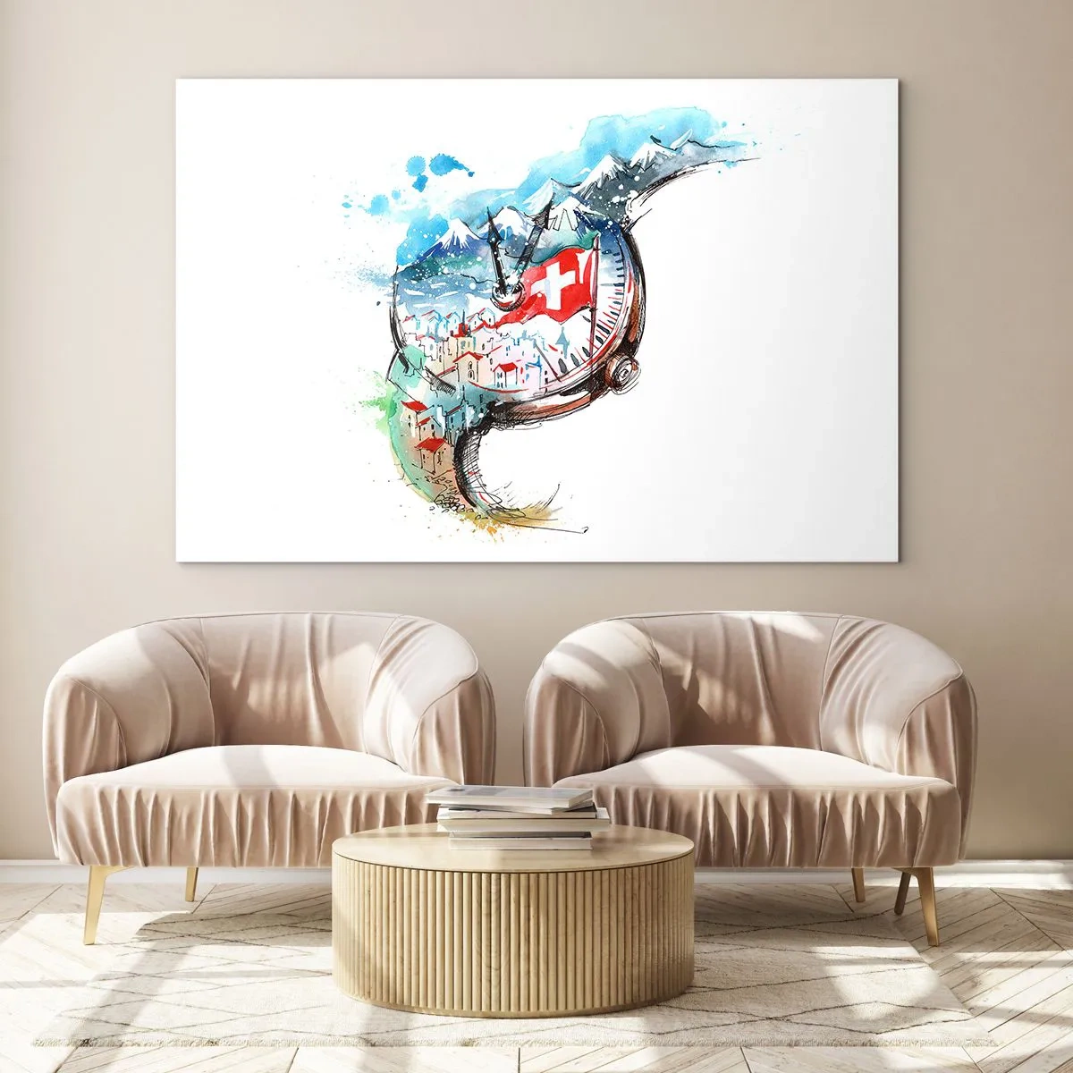 Quadro su vetro - Dipinto ad acquerello di un paesaggio svizzero con una bandiera e un orologio - 70x50cm - Lo spirito della Svizzera - Decorazione murale moderna per soggiorno e camera da letto ARTTOR