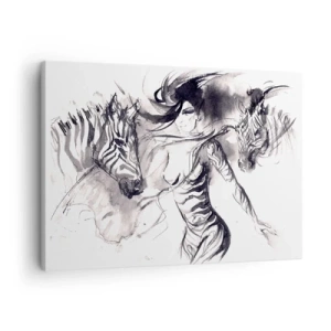 Quadro su tela - Stampe su Tela - Una donna in una danza dinamica con zebre in un'estetica in bianco e nero - 70x50cm - Ballando con le zebre - Decorazione murale moderna per soggiorno e camera da letto ARTTOR