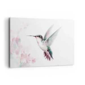 Quadro su tela - Stampe su Tela - Un colibrì dai delicati colori pastello su uno sfondo di fiori - 100x70cm - Battito immobile - Decorazione murale moderna per soggiorno e camera da letto ARTTOR