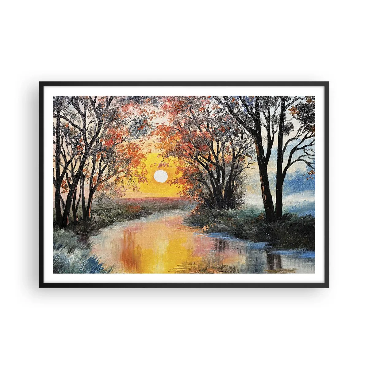 Poster in cornice nera - Tramonto sul fiume in un paesaggio autunnale - 100x70cm - Atmosfera autunnale - Decorazione murale moderna per soggiorno e camera da letto ARTTOR