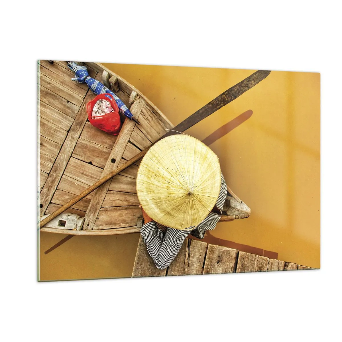 Quadro su vetro - Vista dall'alto di una barca e di una persona che indossa un cappello conico - 120x80cm - Vita sul Fiume Giallo - Decorazione murale moderna per soggiorno e camera da letto ARTTOR