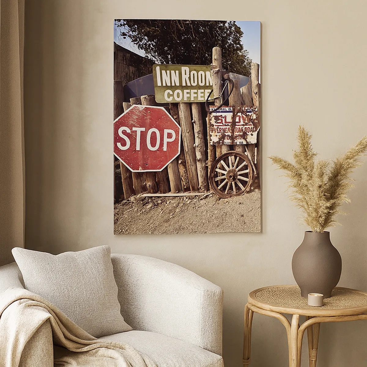 Quadro su tela - Stampe su Tela - Decorazioni rustiche con cartelli e una ruota sulla recinzione - 50x70cm - E il tempo si è fermato - Decorazione murale moderna per soggiorno e camera da letto ARTTOR