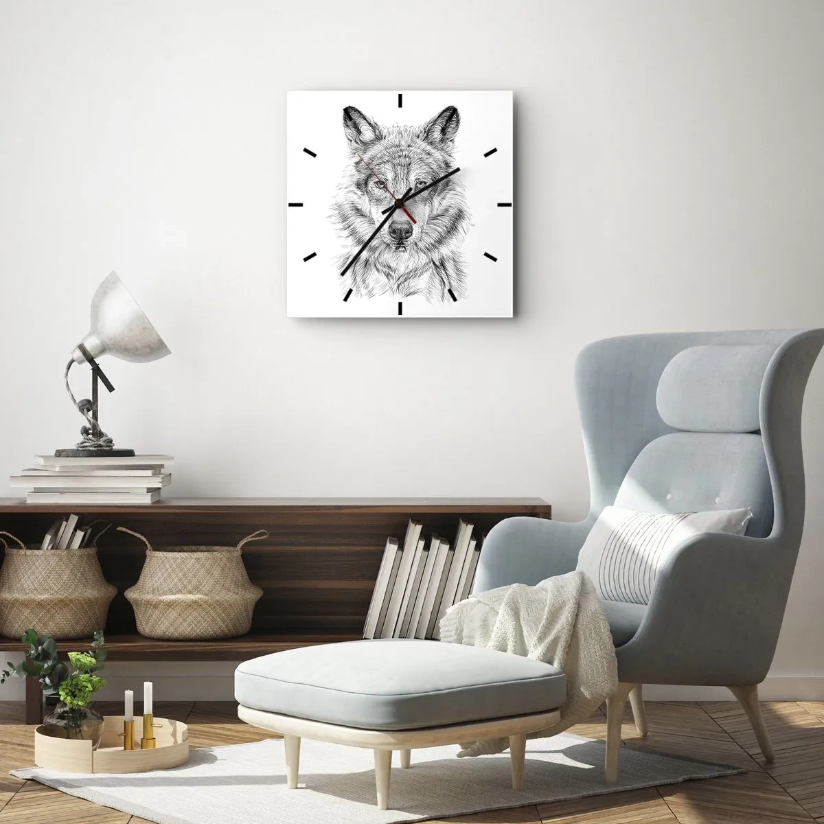 Orologio da parete - Orologio in Vetro - Schizzo di una testa di lupo in stile monocromatico su sfondo bianco - 30x30cm - Condottiero nato - Decorazione murale moderna per soggiorno e camera da letto ARTTOR
