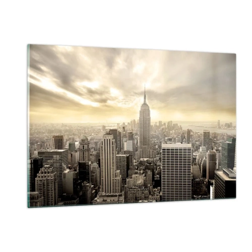 Quadro su vetro - Panorama della città con grattacieli e l'Empire State Building - 120x80cm - New York in grigio - Decorazione murale moderna per soggiorno e camera da letto ARTTOR