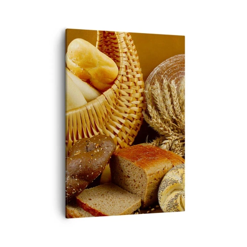Quadro su tela - Stampe su Tela - Vari tipi di pane in un cestino di vimini su fondo oro - 50x70cm - Direttamente dal forno - Decorazione murale moderna per soggiorno e camera da letto ARTTOR