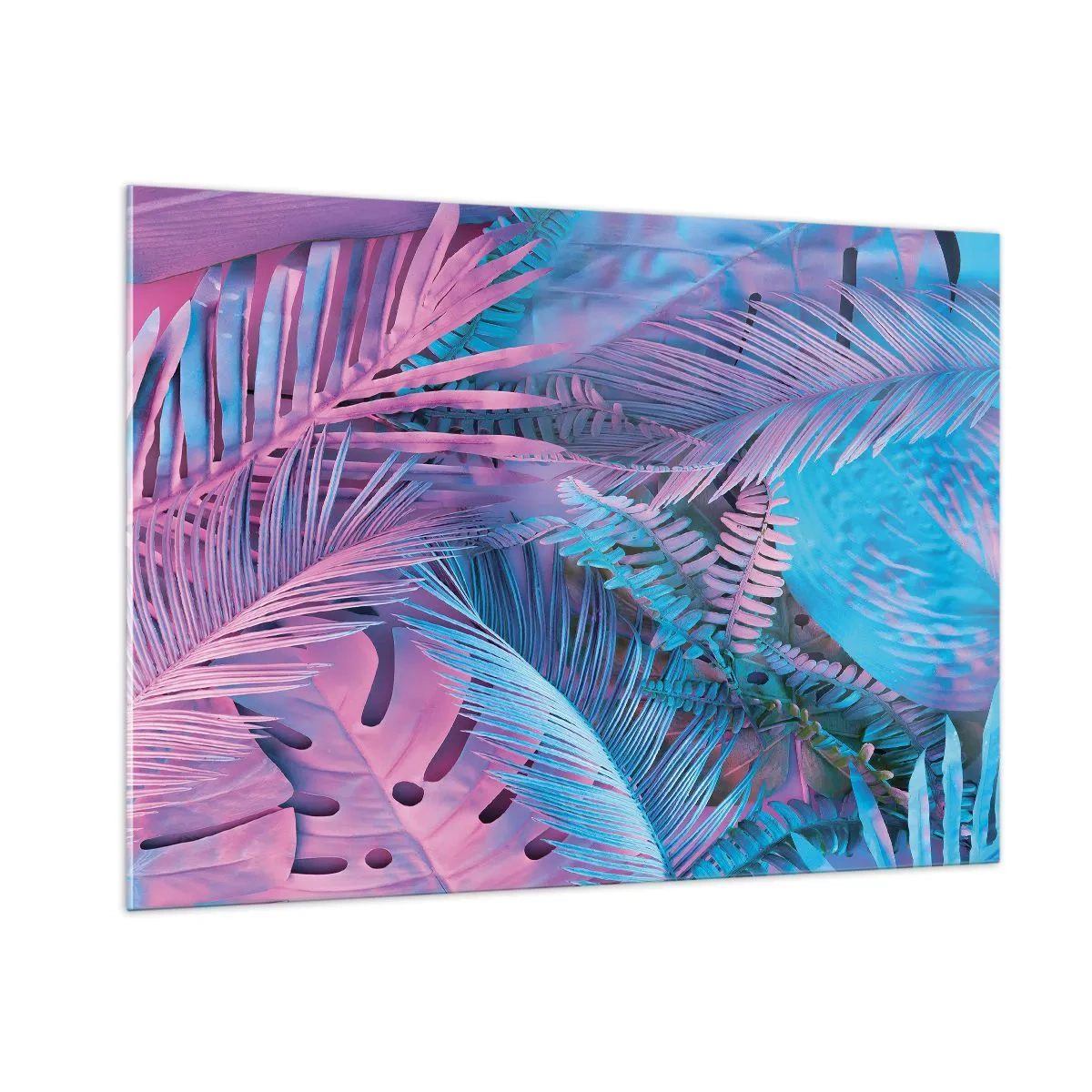 Quadro su vetro - Foglie tropicali nei toni del rosa e del blu su uno sfondo neon - 100x70cm - Tropici in rosa e blu - Decorazione murale moderna per soggiorno e camera da letto ARTTOR