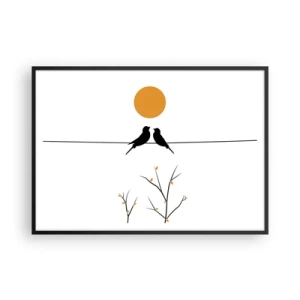 Poster in cornice nera - Uccelli su una linea con un sole giallo - 100x70cm - Sera da usignoli - Decorazione murale moderna per soggiorno e camera da letto ARTTOR