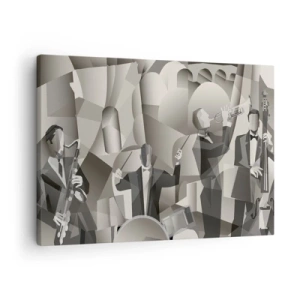 Quadro su tela - Stampe su Tela - Scena astratta con musicisti jazz in tonalità di grigio. - 70x50cm - Nello spazio dei suono - Decorazione murale moderna per soggiorno e camera da letto ARTTOR
