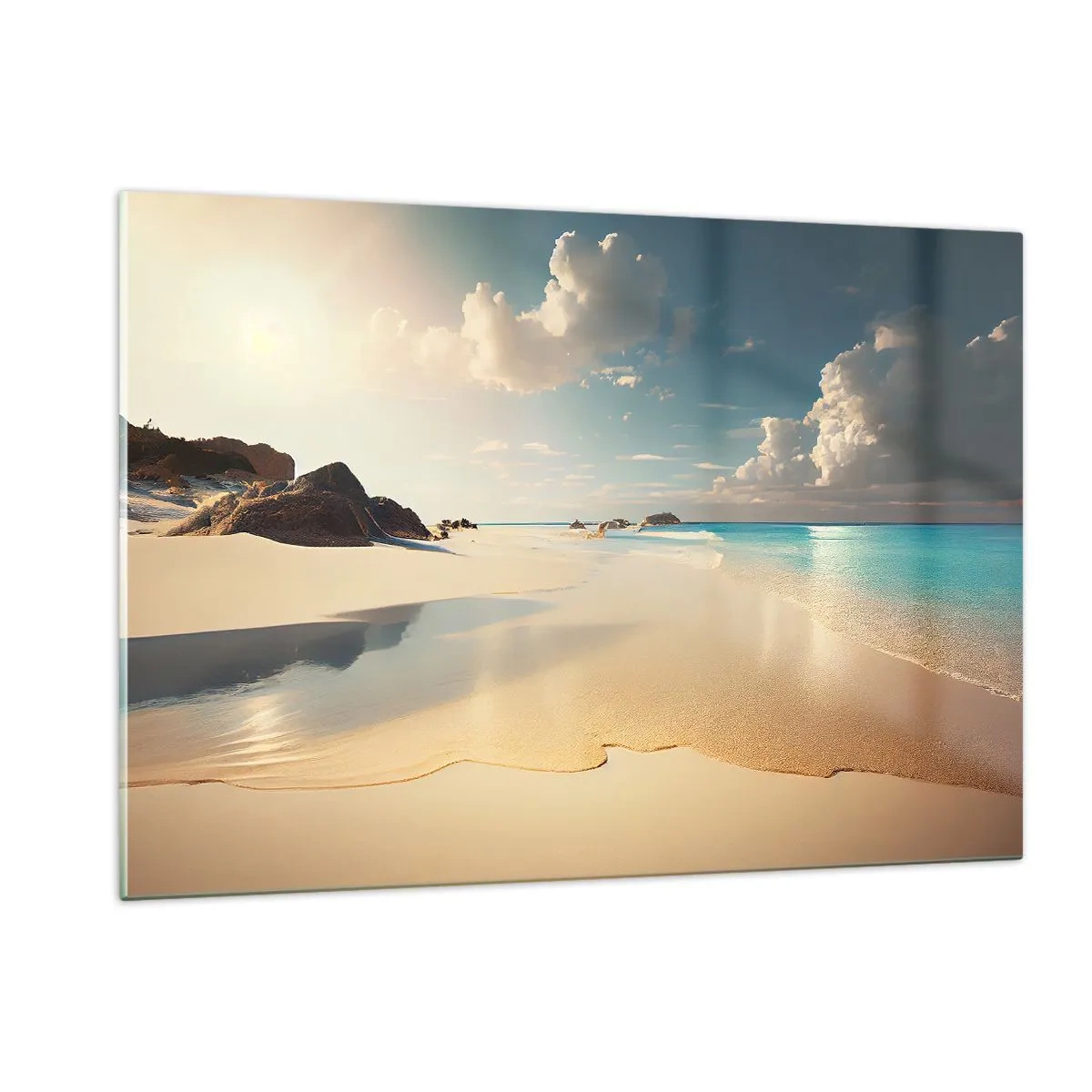 Quadro su vetro - Spiaggia dorata e mare turchese alla luce del sole mattutino - 120x80cm - Giornata ideale - Decorazione murale moderna per soggiorno e camera da letto ARTTOR