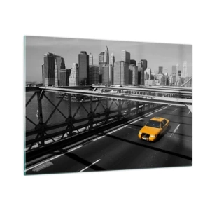 Quadro su vetro - Un taxi giallo su un ponte che domina Manhattan - 100x70cm - Il colore della grande città - Decorazione murale moderna per soggiorno e camera da letto ARTTOR
