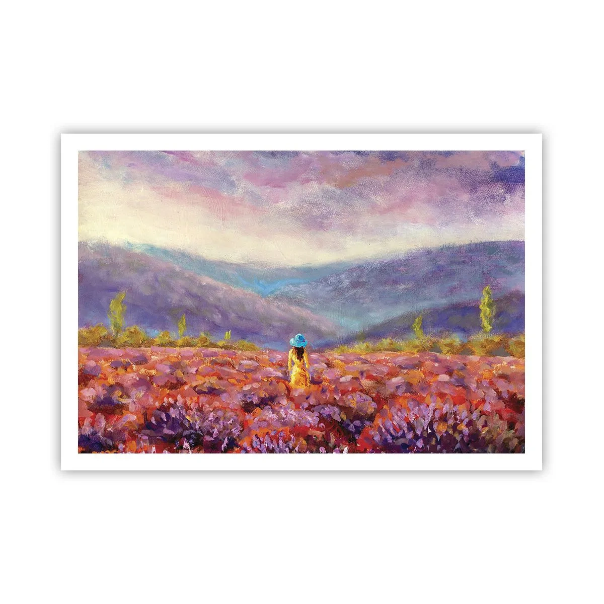 Poster - Una donna con un cappello cammina in un campo di lavanda. - 100x70cm - Nel mondo di lavanda - Decorazione murale moderna per soggiorno e camera da letto ARTTOR
