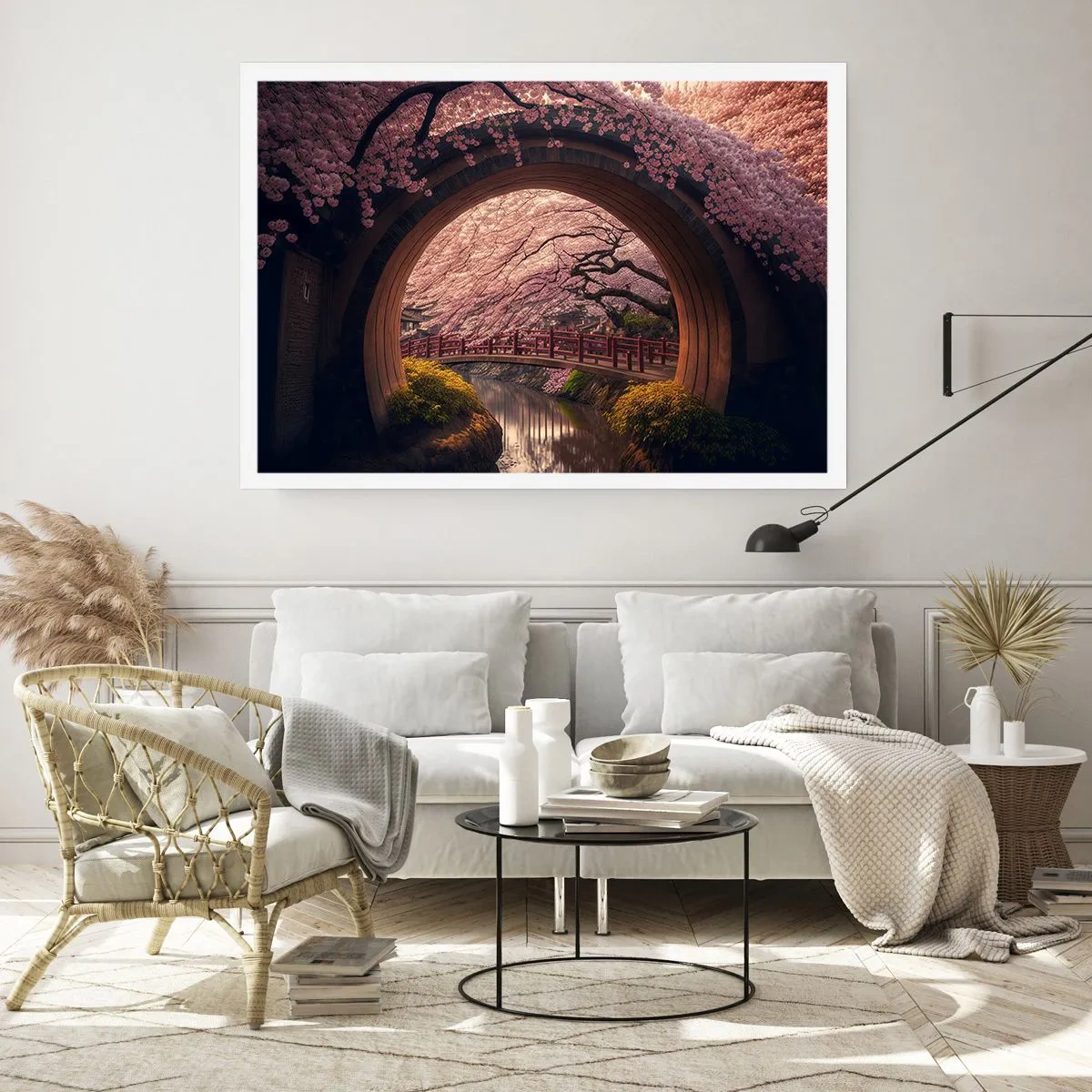 Poster - Un ponte tradizionale giapponese circondato da fiori di ciliegio - 100x70cm - Primavera giapponese - Decorazione murale moderna per soggiorno e camera da letto ARTTOR