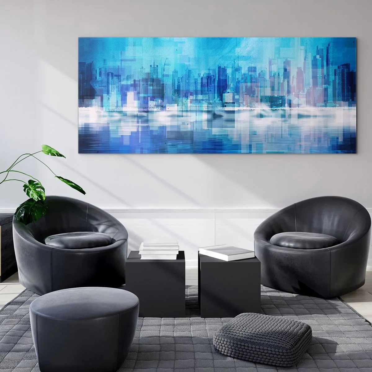Quadro su vetro - Panorama urbano astratto nei toni del blu - 160x50cm - Immersi nel blu - Decorazione murale moderna per soggiorno e camera da letto ARTTOR