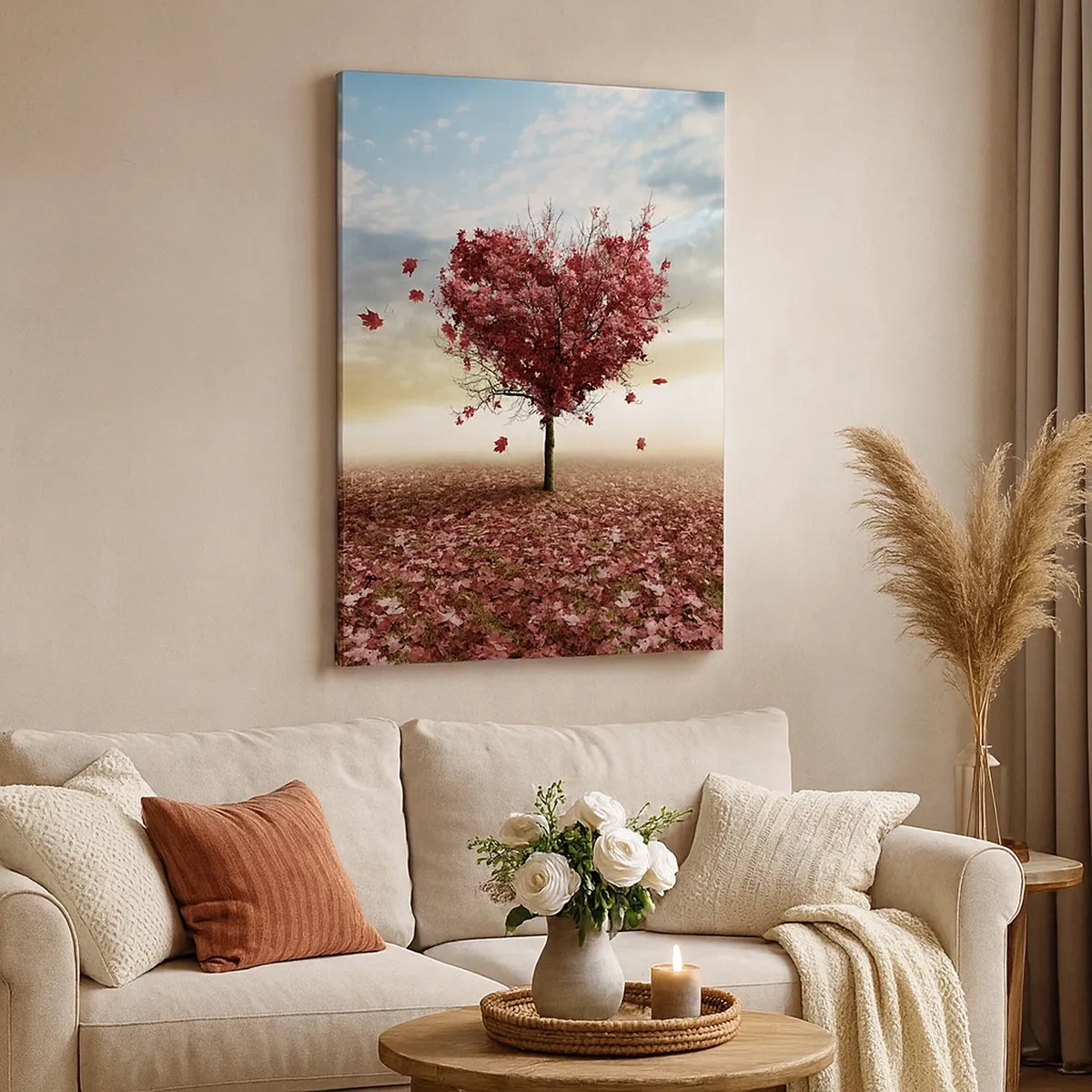 Quadro su tela - Stampe su Tela - Un albero solitario a forma di cuore in un campo di foglie rosse - 50x70cm - Ama questo autunno - Decorazione murale moderna per soggiorno e camera da letto ARTTOR
