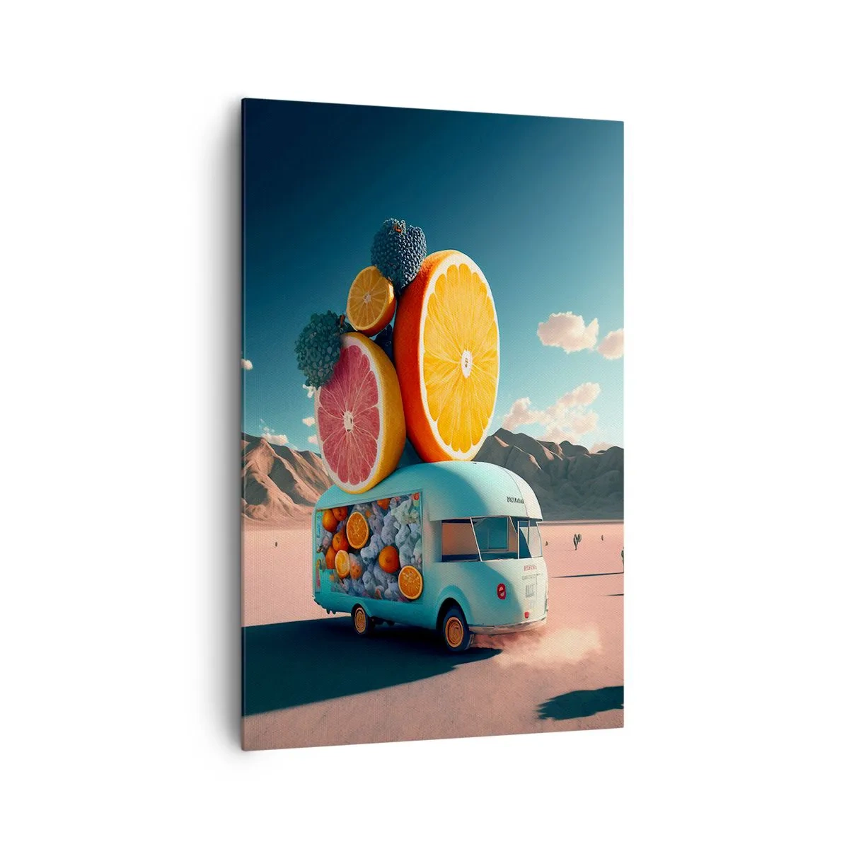 Quadro su tela - Stampe su Tela - Camion della frutta in un paesaggio desertico - 80x120cm - Il sapore delle vacanze - Decorazione murale moderna per soggiorno e camera da letto ARTTOR