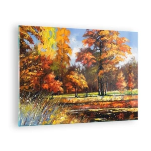 Quadro su vetro - Paesaggio autunnale con alberi e riflessi nell'acqua - 70x50cm - Paesaggio in oro e marrone - Decorazione murale moderna per soggiorno e camera da letto ARTTOR