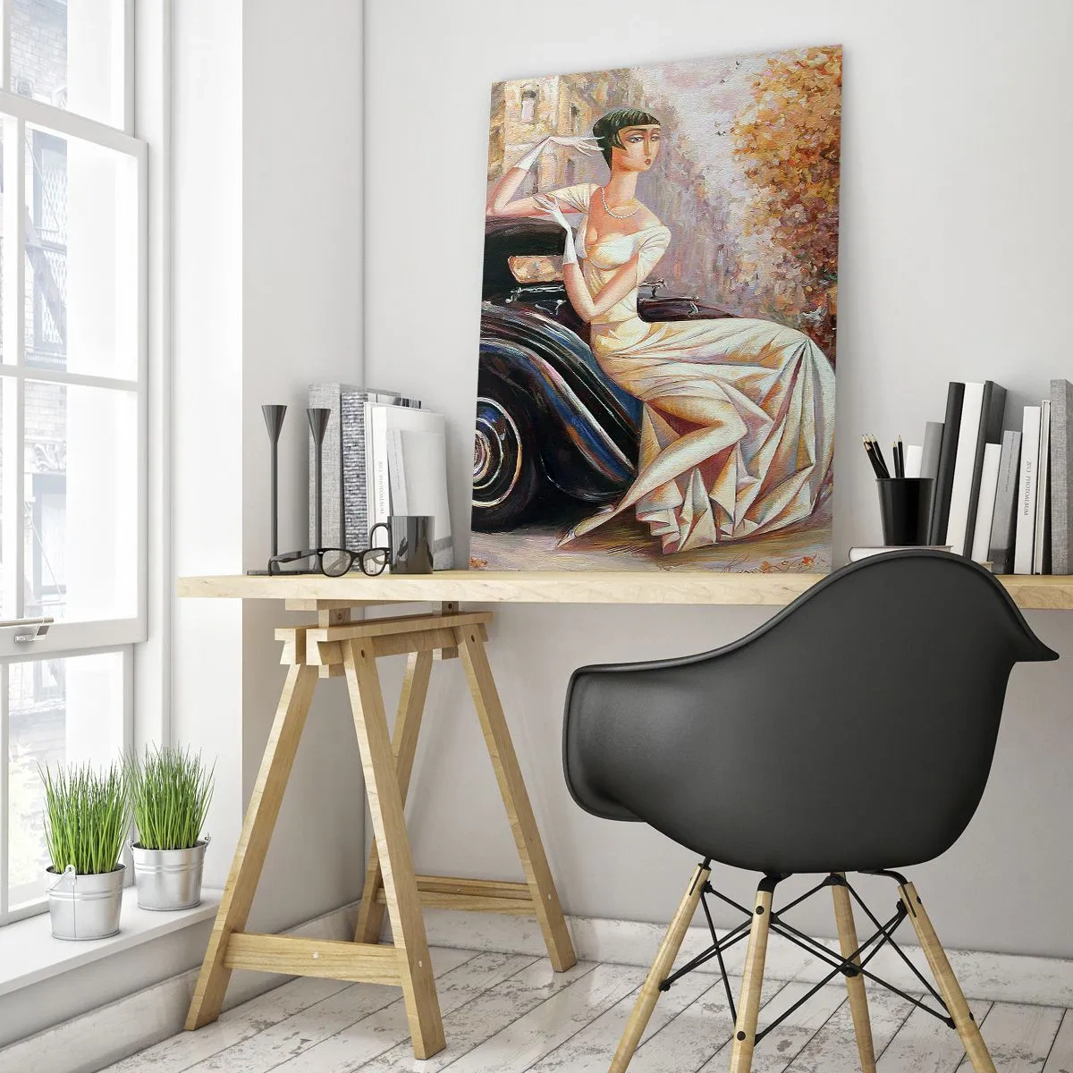 Quadro su vetro - Donna elegante accanto a un'auto retrò in un contesto urbano - 50x70cm - Eleganza in stile retro - Decorazione murale moderna per soggiorno e camera da letto ARTTOR