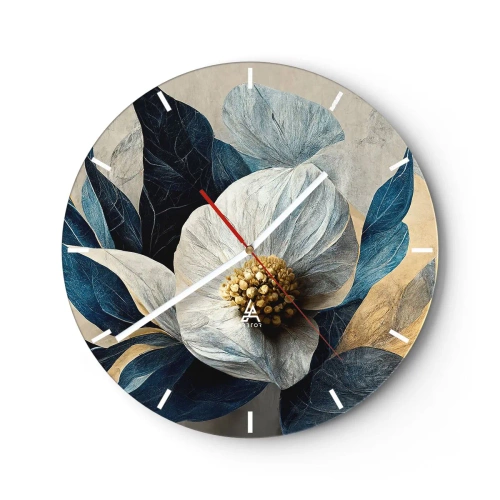 Orologio da parete - Orologio in Vetro - Una composizione floreale bianca con foglie blu navy e un centro dorato - 30x30cm - Ha un cuore d'oro - Decorazione murale moderna per soggiorno, cucina e camera da letto ARTTOR