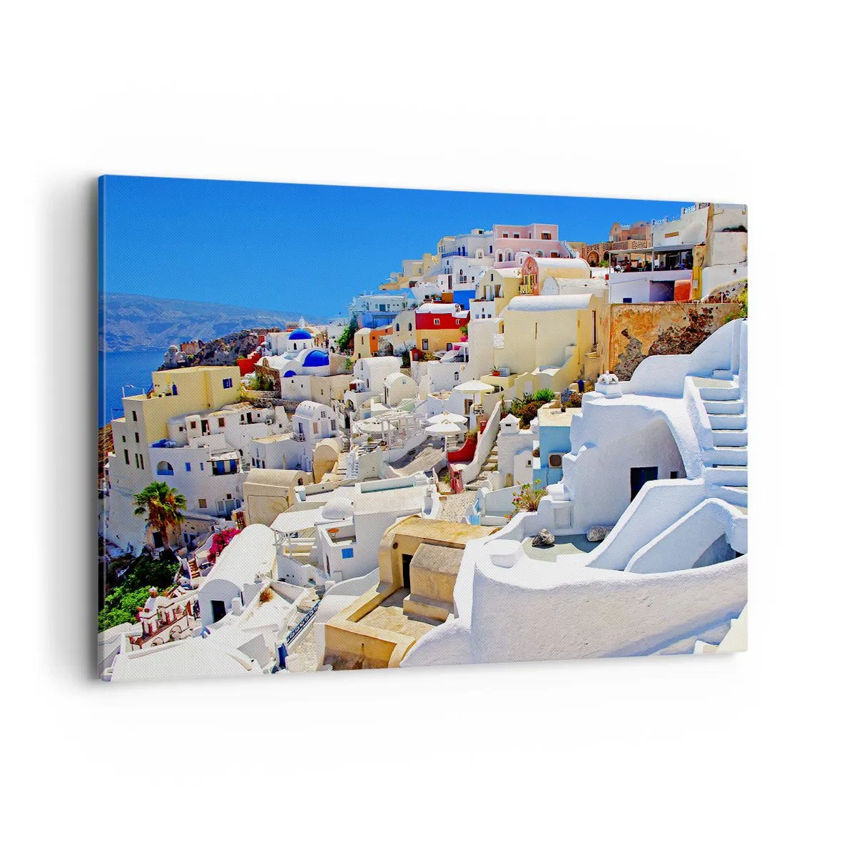 Quadro su tela - Stampe su Tela - Panorama di Santorini con case bianche e cielo azzurro - 100x70cm - Sogno di un'estate greca - Decorazione murale moderna per soggiorno e camera da letto ARTTOR