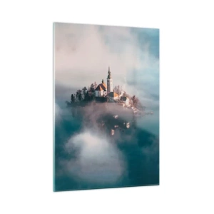 Quadro su vetro - Un'isola con una chiesa circondata dalla nebbia su un lago calmo - 50x70cm - L'isola dei sogni - Decorazione murale moderna per soggiorno e camera da letto ARTTOR