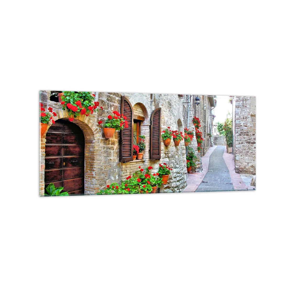 Quadro su vetro - Una strada stretta con edifici in pietra decorati con vasi di fiori - 120x50cm - Atmosfera italiana - Decorazione murale moderna per soggiorno e camera da letto ARTTOR
