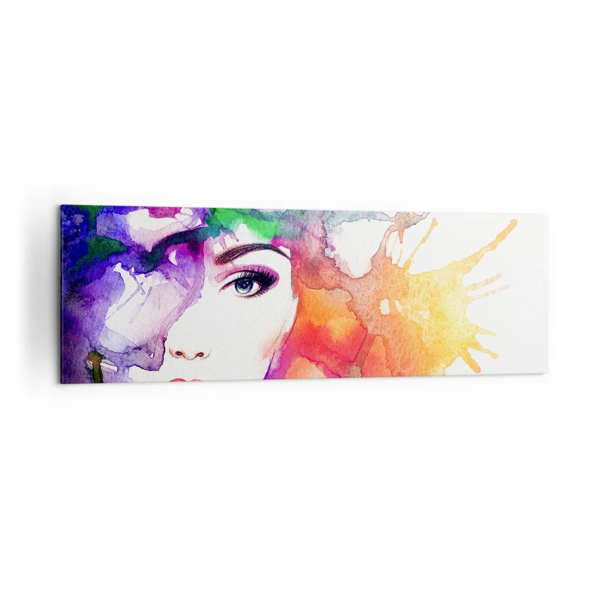 Quadro su tela - Stampe su Tela - Ritratto di una donna in colori acquerellati con macchie astratte - 160x50cm - Con la testa tra le nuvole - Decorazione murale moderna per soggiorno e camera da letto ARTTOR