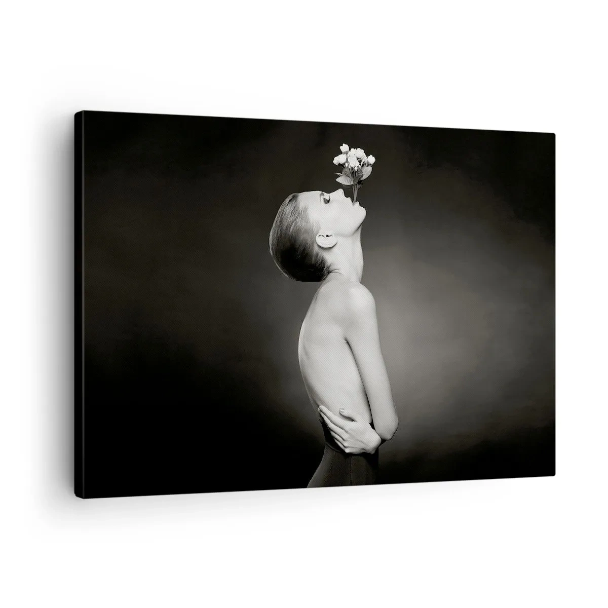 Quadro su tela - Stampe su Tela - Silhouette in bianco e nero di una donna con un fiore - 70x50cm - Eleganza eccentrica - Decorazione murale moderna per soggiorno e camera da letto ARTTOR
