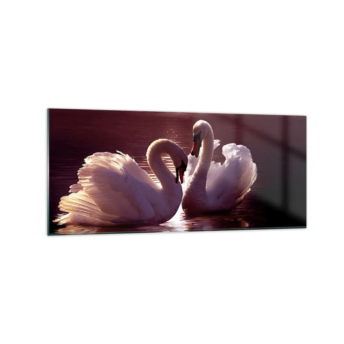Quadro su vetro - Due cigni su un lago calmo al tramonto - 120x50cm - Finché la morte non ci separi - Decorazione murale moderna per soggiorno e camera da letto ARTTOR