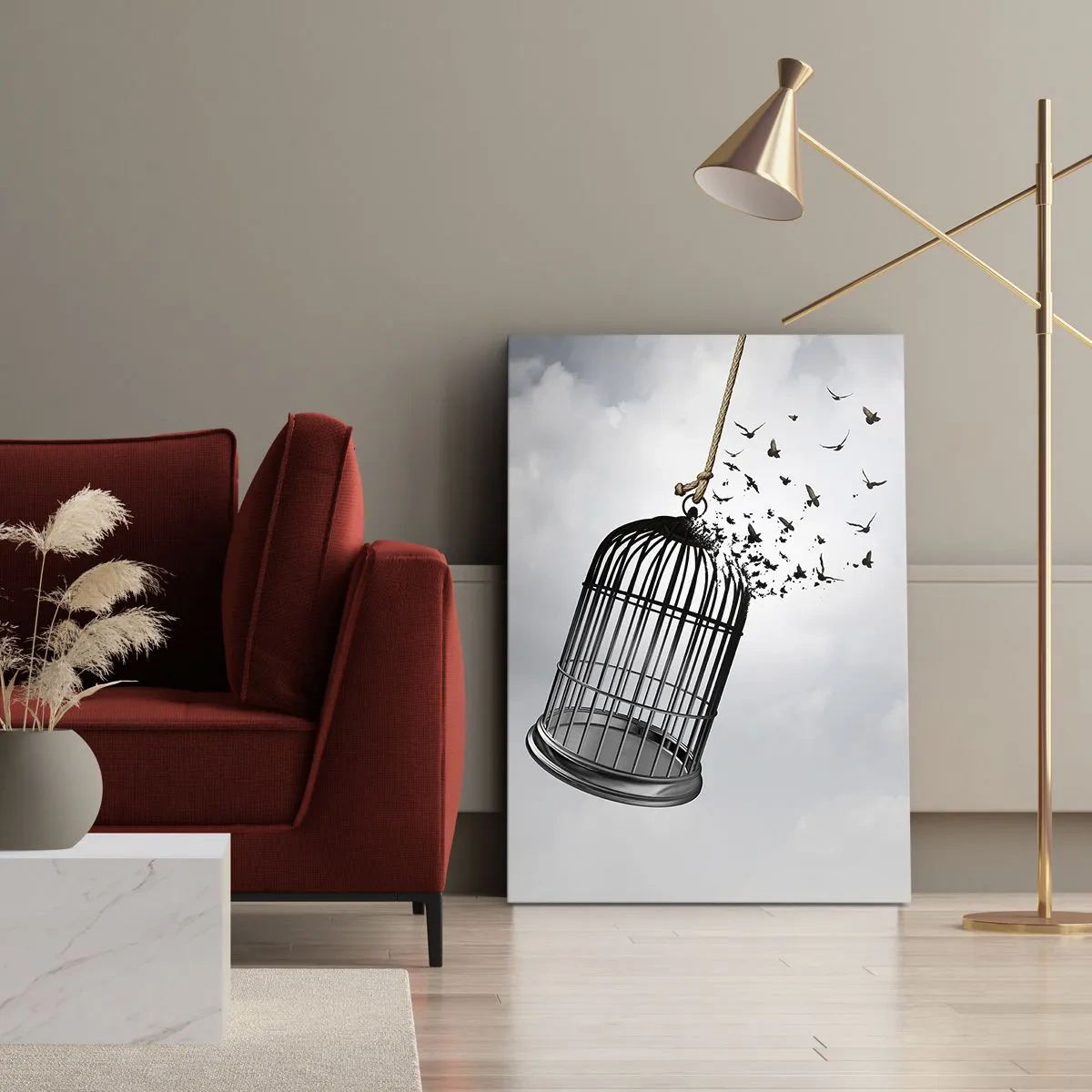 Quadro su tela - Stampe su Tela - Uccelli che volano fuori da una gabbia contro il cielo - 50x70cm - Fede... Speranza... Libertà! - Decorazione murale moderna per soggiorno e camera da letto ARTTOR