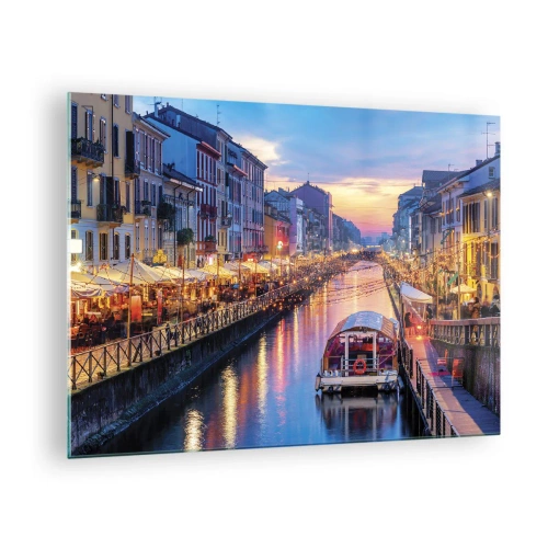 Quadro su vetro - Vista serale del canale illuminato con barche e caffè - 70x50cm - Sera di luce e di divertimento - Decorazione murale moderna per soggiorno e camera da letto ARTTOR