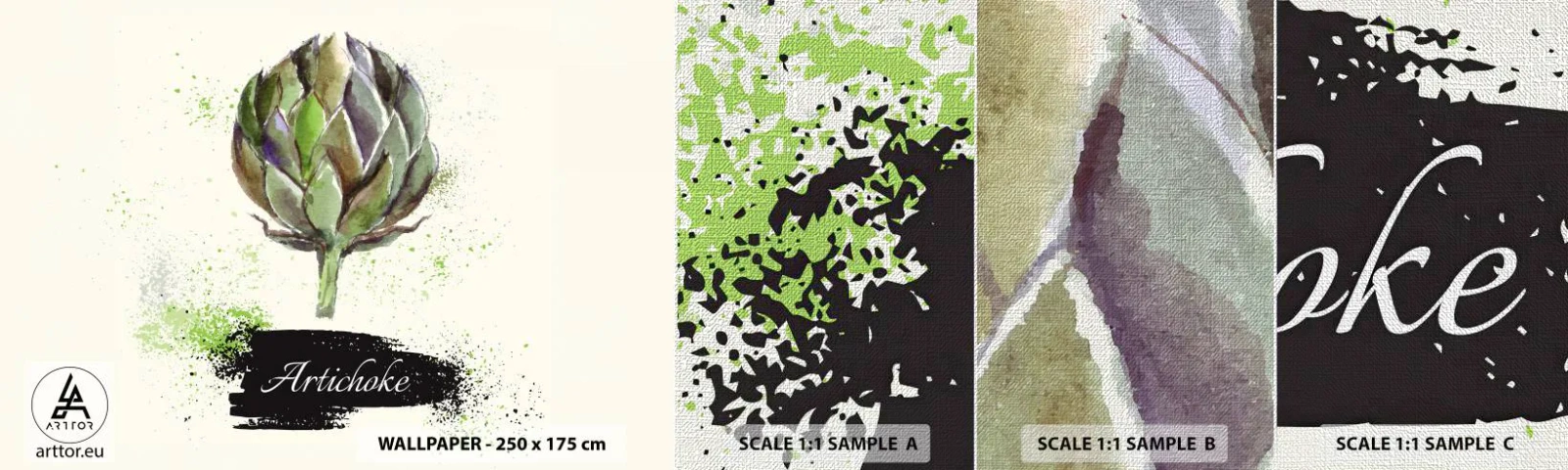 Campione di Fotomurale Premium Canvas - Evviva la verdura! - Carciofo, Cucina, Acquerello - 100x30 cm