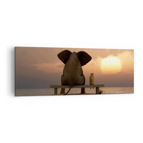 Quadro su tela - Stampe su Tela - Un elefante e un cane sono seduti su una panchina sulla spiaggia durante il tramonto. - 140x50cm - A volte bisogna tacere - Decorazione murale moderna per soggiorno e camera da letto ARTTOR