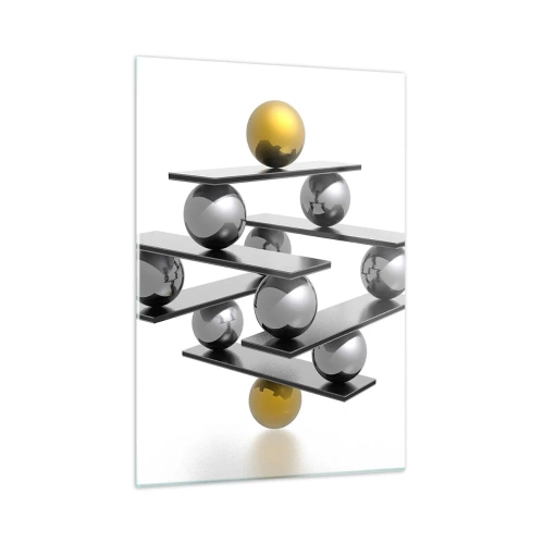 Quadro su vetro - Composizione geometrica con palline e piattaforme su sfondo bianco - 50x70cm - Equilibrio oro e argento - Decorazione murale moderna per soggiorno e camera da letto ARTTOR