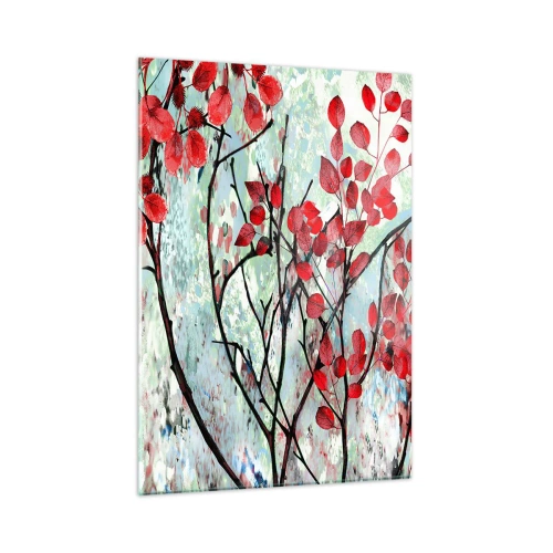 Quadro su vetro - Rami con foglie rosse su uno sfondo dipinto - 50x70cm - Albero in scarlatto - Decorazione murale moderna per soggiorno e camera da letto ARTTOR