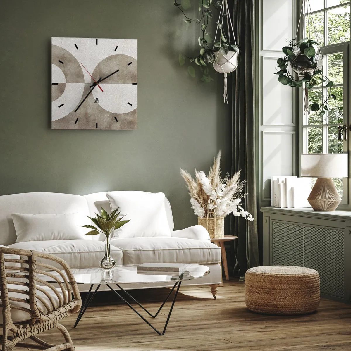 Orologio da parete - Orologio in Vetro - Un dipinto astratto nei toni del beige con forme geometriche e simmetria. - 30x30cm - Analogie e differenze - Decorazione murale moderna per soggiorno e camera da letto ARTTOR