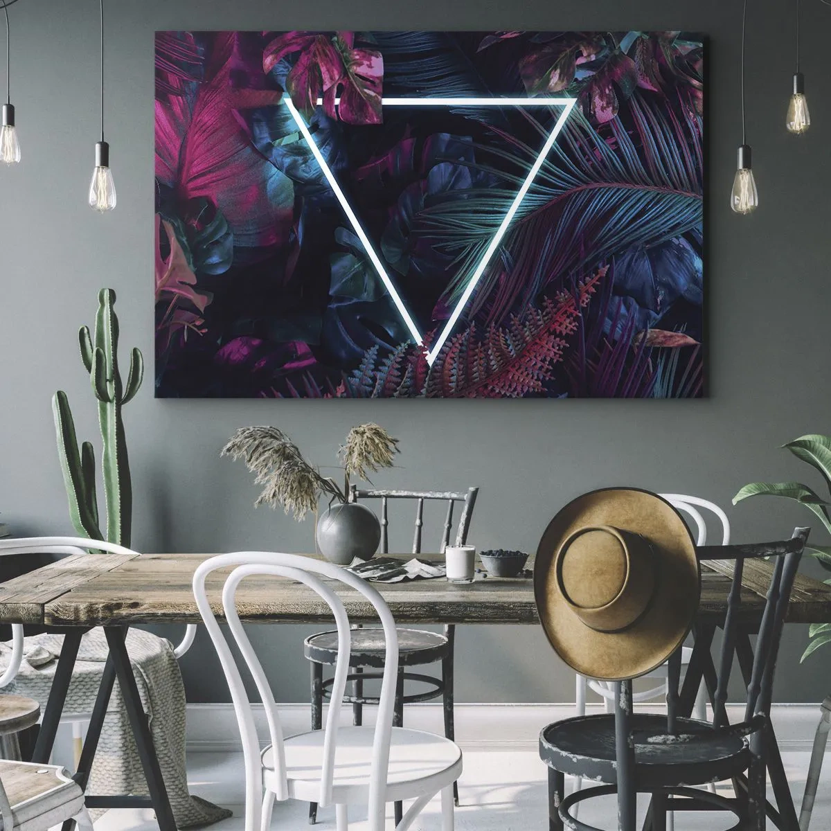 Quadro su tela - Stampe su Tela - Un triangolo al neon circondato da foglie tropicali dai colori scuri. - 120x80cm - Giardino in stile discoteca - Decorazione murale moderna per soggiorno e camera da letto ARTTOR