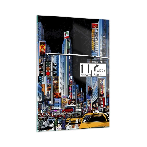 Quadro su vetro - Una strada trafficata con taxi gialli e insegne al neon - 50x70cm - La grande notte dei fumetti - Decorazione murale moderna per soggiorno e camera da letto ARTTOR