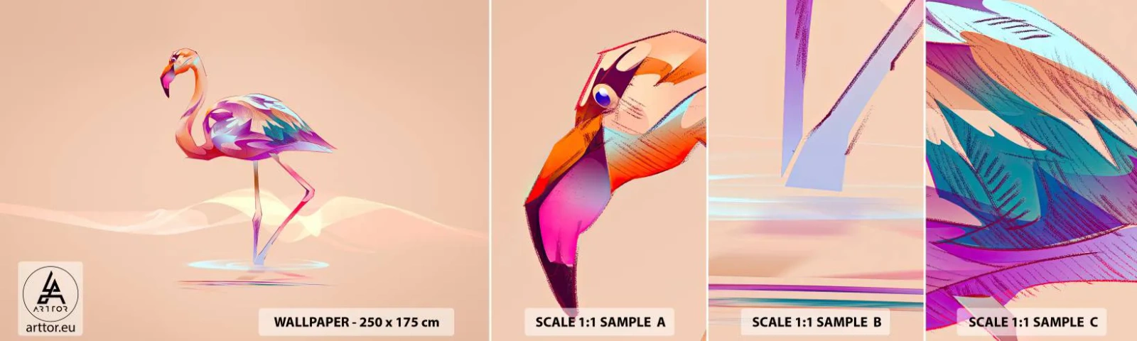 Campione di Fotomurale Adesivo Deluxe Sticker - L'uccello delle buone emozioni - Fenicottero, Uccello, Astrazione - 100x30 cm