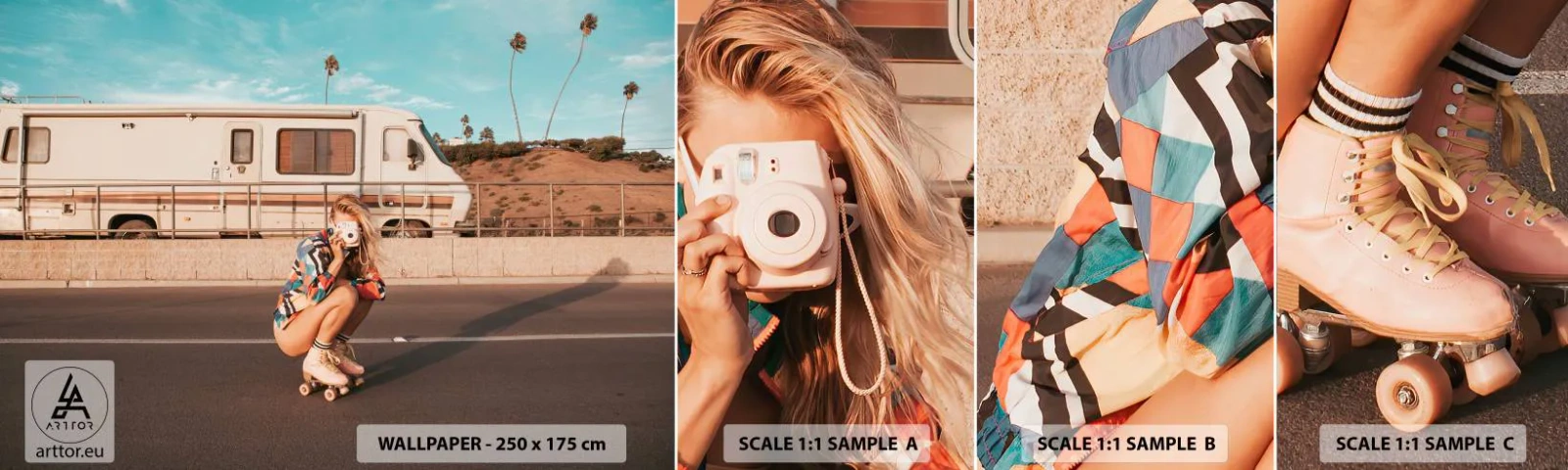 Campione Di Fotomurale Standard Eco - Sorridi per favore! - Paesaggio, Camper, Donna - 100x30 cm