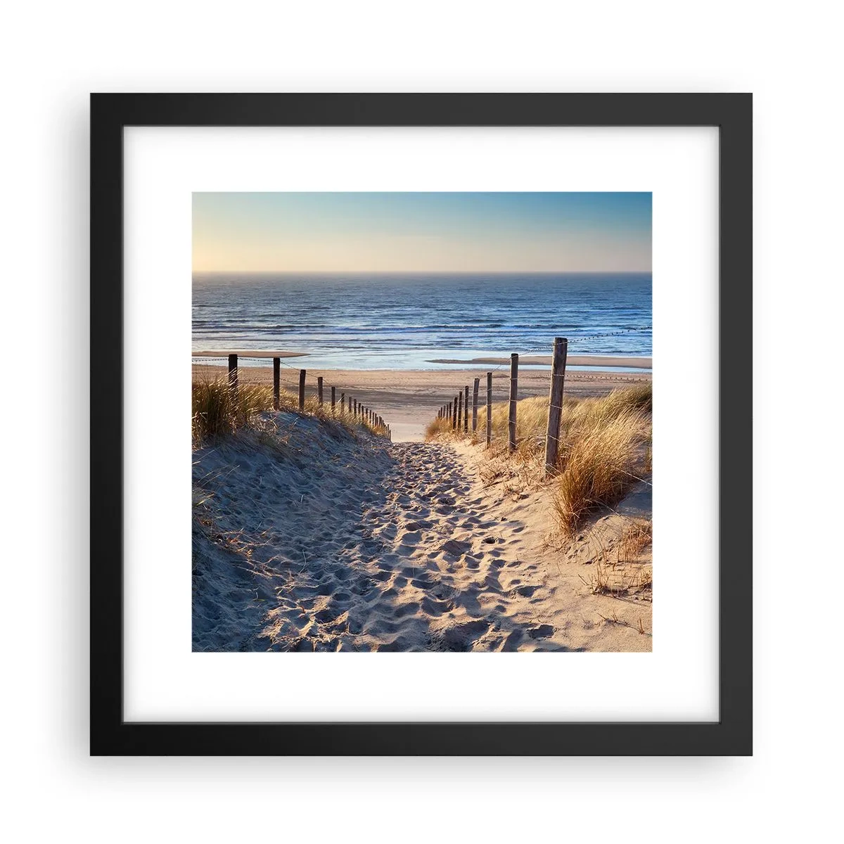 Poster in cornice nera - Rumore del mare, uccelli che cantano, spiaggia selvatica tra i cespugli... - 30x30 cm