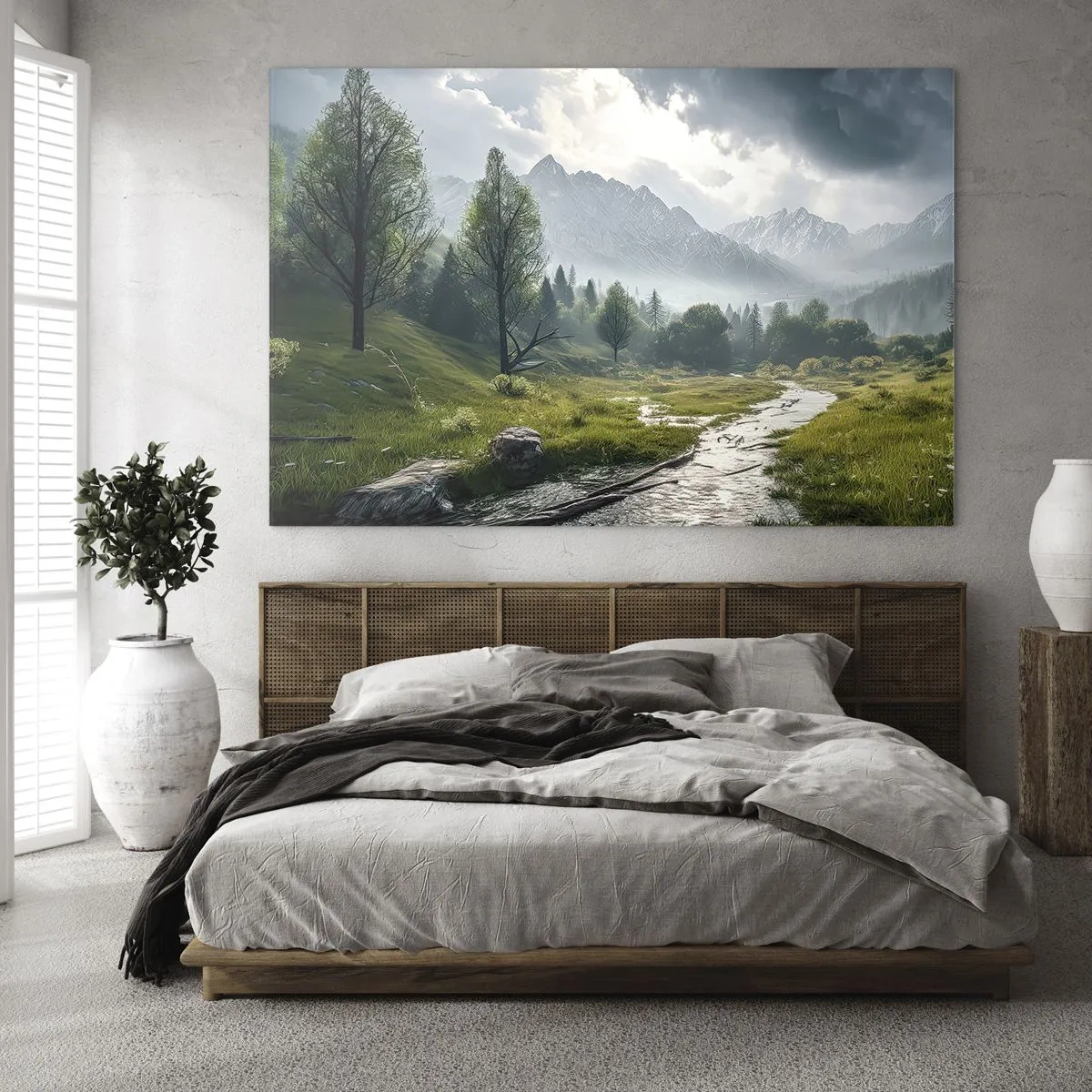 Quadro su vetro - Un paesaggio montano con un ruscello e una valle verde al mattino - 120x80cm - Andata e ritorno - Decorazione murale moderna per soggiorno e camera da letto ARTTOR