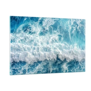 Quadro su vetro - Onde blu che si infrangono sulla riva - 120x80cm - Con gioia e saltellando - Decorazione murale moderna per soggiorno e camera da letto ARTTOR