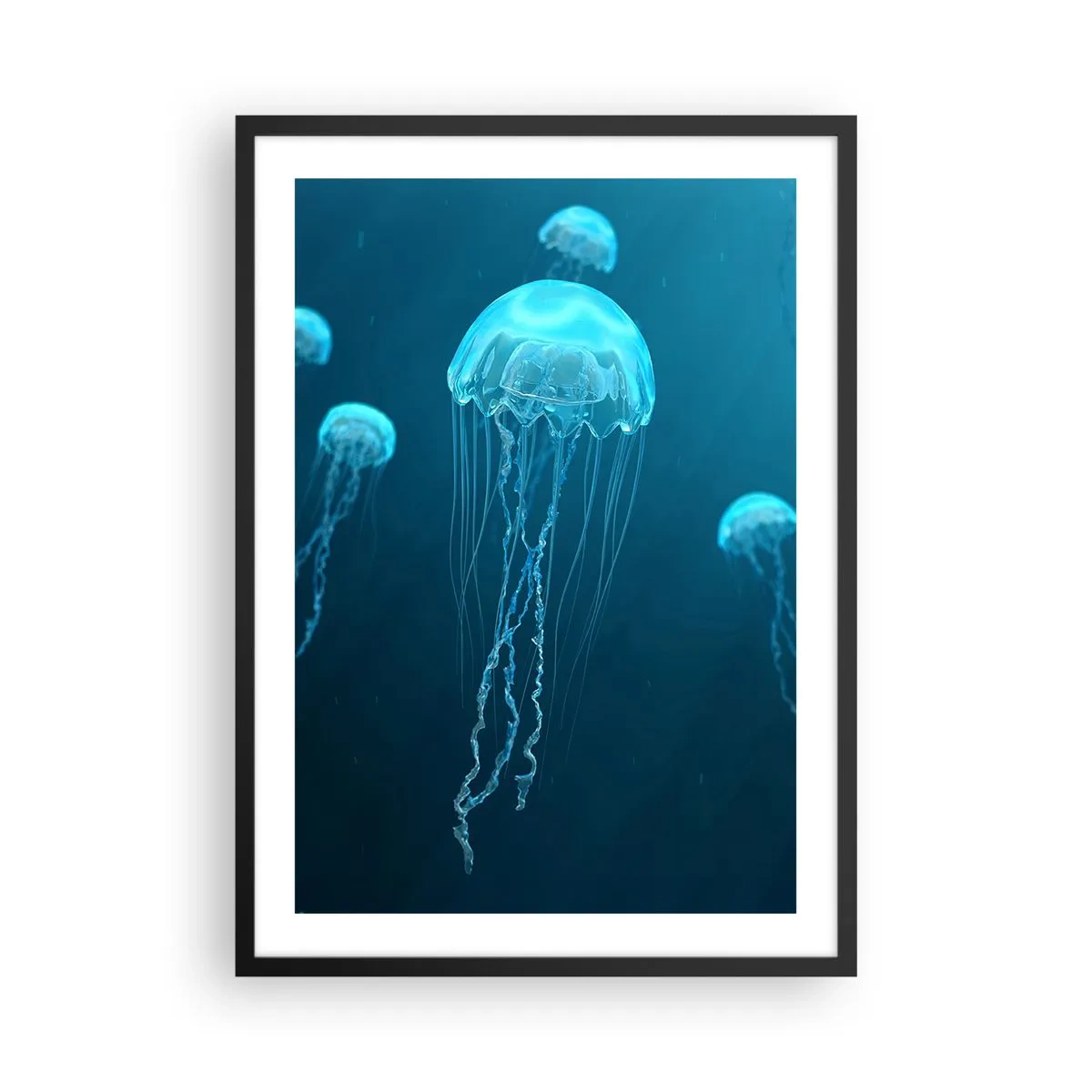 Poster in cornice nera - Meduse che galleggiano nelle acque blu dell'oceano - 50x70cm - La danza oceanica - Decorazione murale moderna per soggiorno e camera da letto ARTTOR