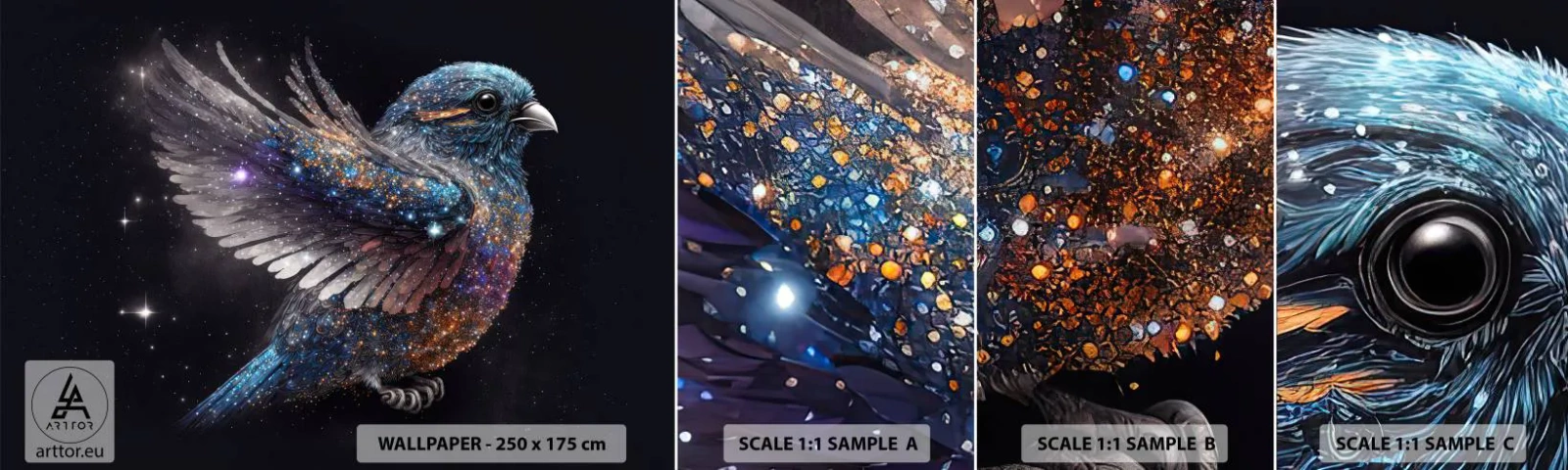 Campione di Fotomurale Adesivo Deluxe Sticker - Passero di diamante - Uccello, Magia, Cosmo - 100x30 cm