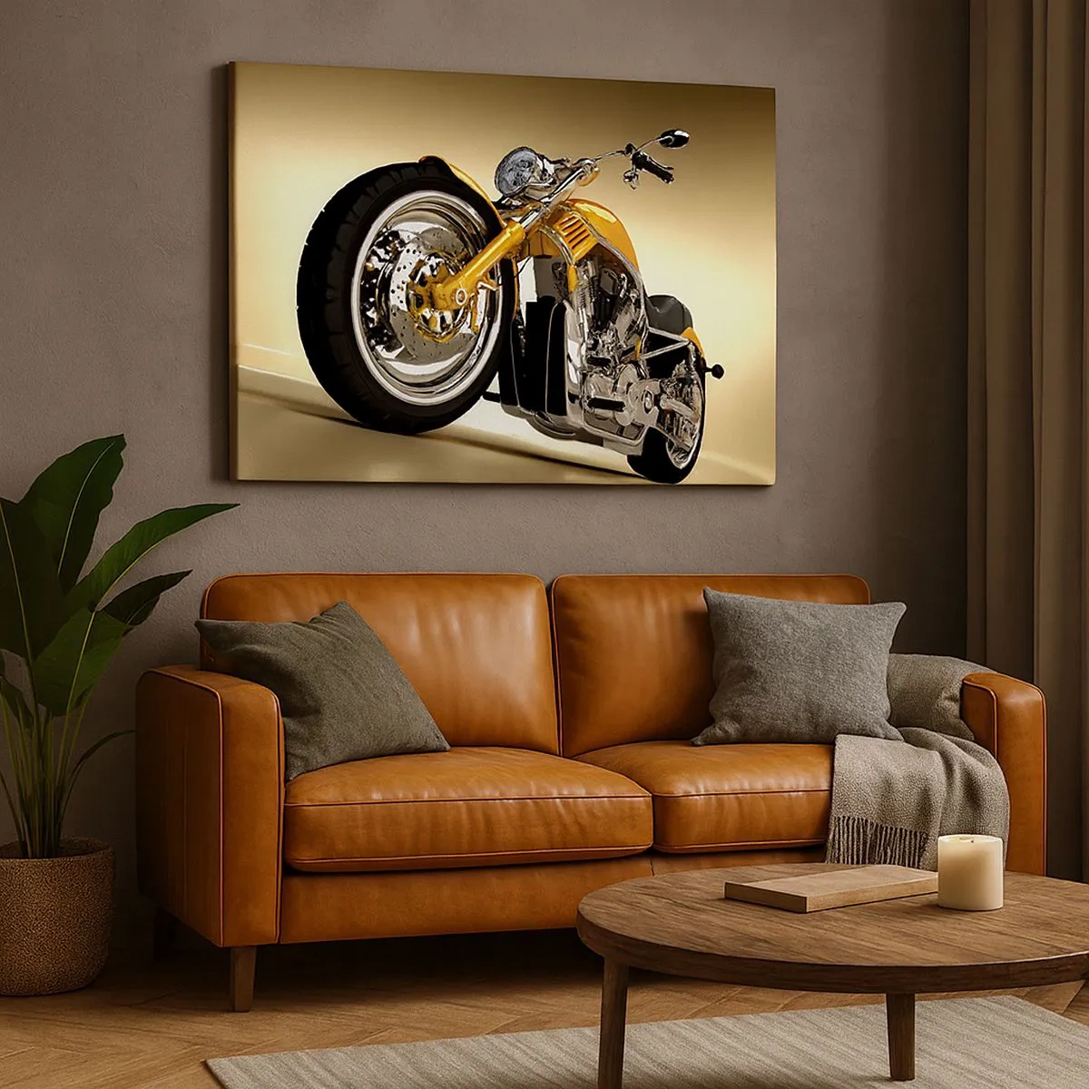 Quadro su tela - Stampe su Tela - Una motocicletta gialla in stile chopper contro un muro beige - 70x50cm - Sogno di forza e di velocità - Decorazione murale moderna per soggiorno e camera da letto ARTTOR