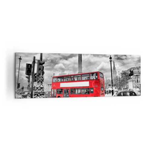 Quadro su tela - Stampe su Tela - Un autobus rosso a due piani sullo sfondo di una città in bianco e nero - 160x50cm - Il vero flusso sanguigno della città - Decorazione murale moderna per soggiorno e camera da letto ARTTOR