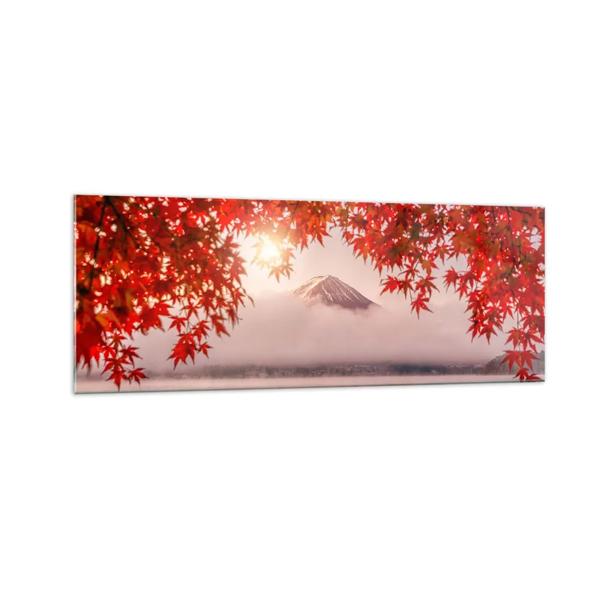 Quadro su vetro - Una barca su un lago circondata da foglie di acero rosso - 140x50cm - Nell'atmosfera del Giappone - Decorazione murale moderna per soggiorno e camera da letto ARTTOR